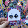 Blue mushroom-shaped earrings on a 'Arabella j.k.' branded card held by a hand with a colorful background.